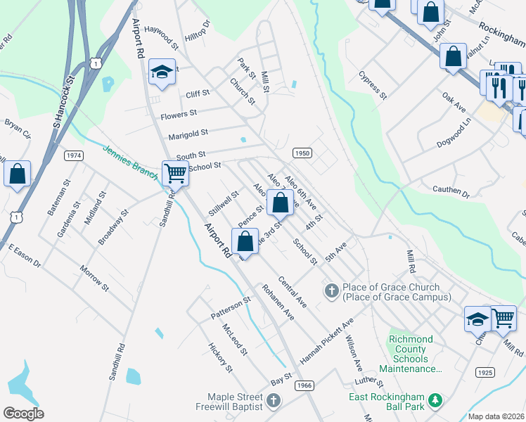 map of restaurants, bars, coffee shops, grocery stores, and more near 117 Aleo 9th Avenue in Rockingham