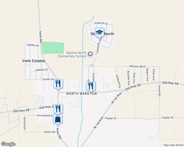 map of restaurants, bars, coffee shops, grocery stores, and more near 36870 Camarillo Avenue in Barstow