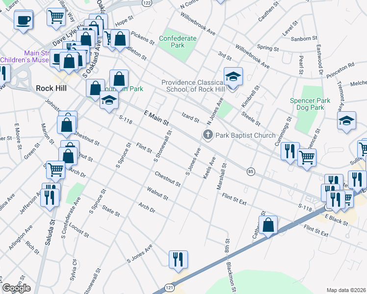 map of restaurants, bars, coffee shops, grocery stores, and more near 654 East Main Street in Rock Hill