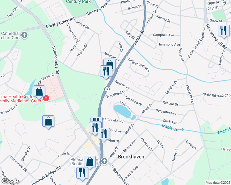 map of restaurants, bars, coffee shops, grocery stores, and more near 105 Woodfield Drive in Greer