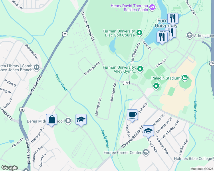 map of restaurants, bars, coffee shops, grocery stores, and more near 9 Montague Circle in Greenville