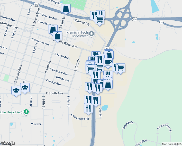 map of restaurants, bars, coffee shops, grocery stores, and more near 1701 East Comanche Avenue in McAlester