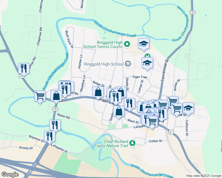 map of restaurants, bars, coffee shops, grocery stores, and more near 20 Ridge Street in Ringgold
