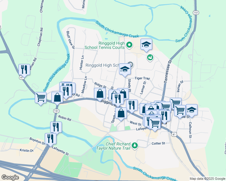 map of restaurants, bars, coffee shops, grocery stores, and more near 20 Ridge Street in Ringgold