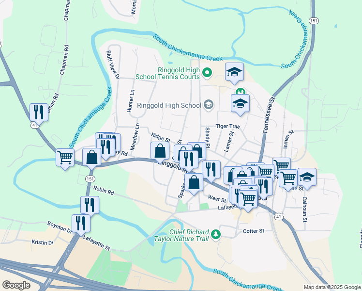 map of restaurants, bars, coffee shops, grocery stores, and more near 384 Guyler Street in Ringgold