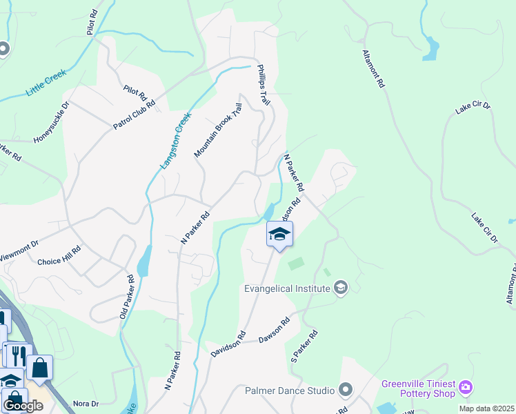 map of restaurants, bars, coffee shops, grocery stores, and more near 1111 North Parker Road in Greenville