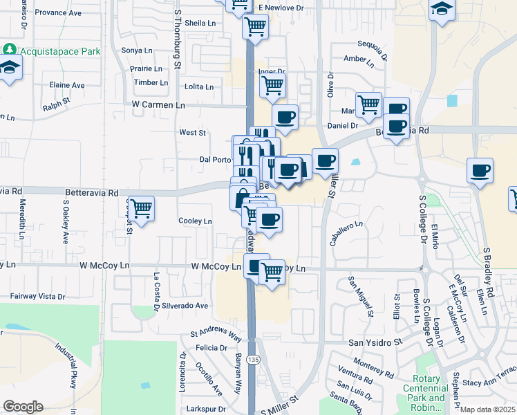 map of restaurants, bars, coffee shops, grocery stores, and more near 230 Betteravia Road in Santa Maria