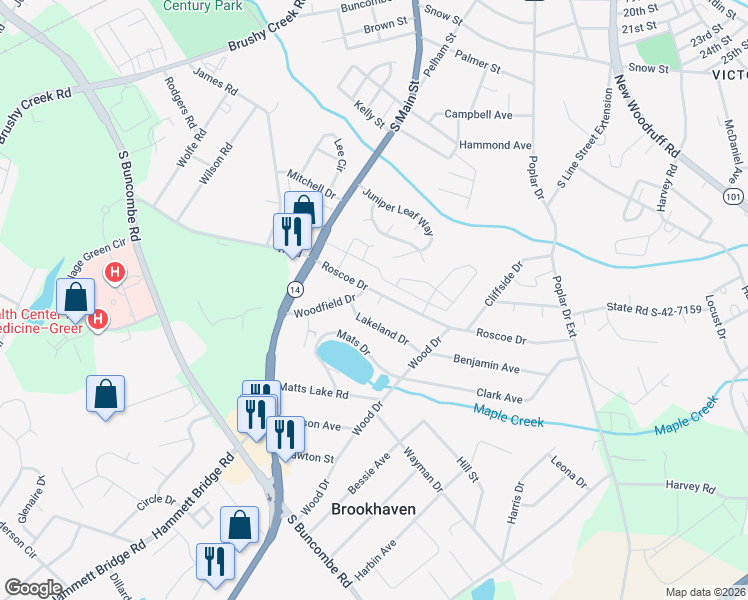 map of restaurants, bars, coffee shops, grocery stores, and more near 200 Roscoe Drive in Greer