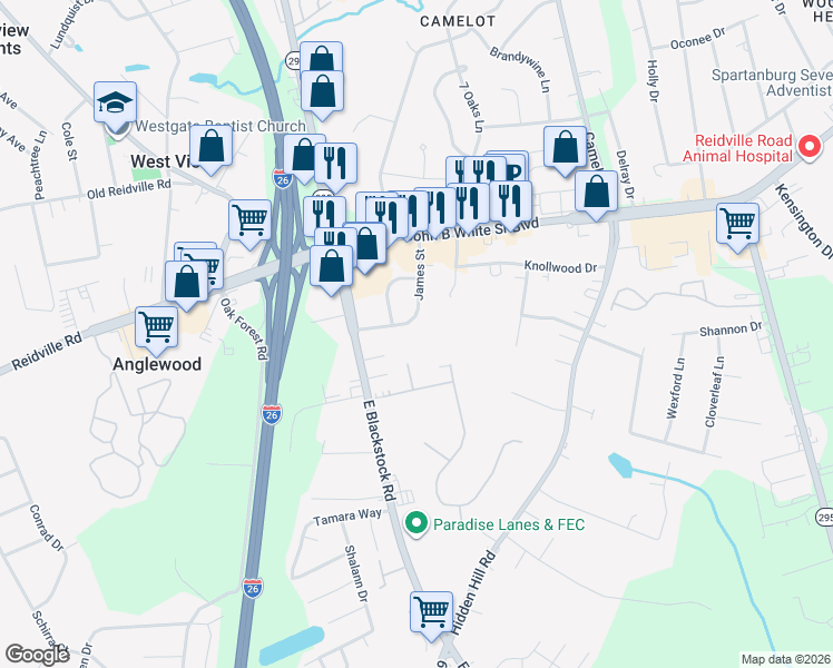 map of restaurants, bars, coffee shops, grocery stores, and more near 207 James Street in Spartanburg
