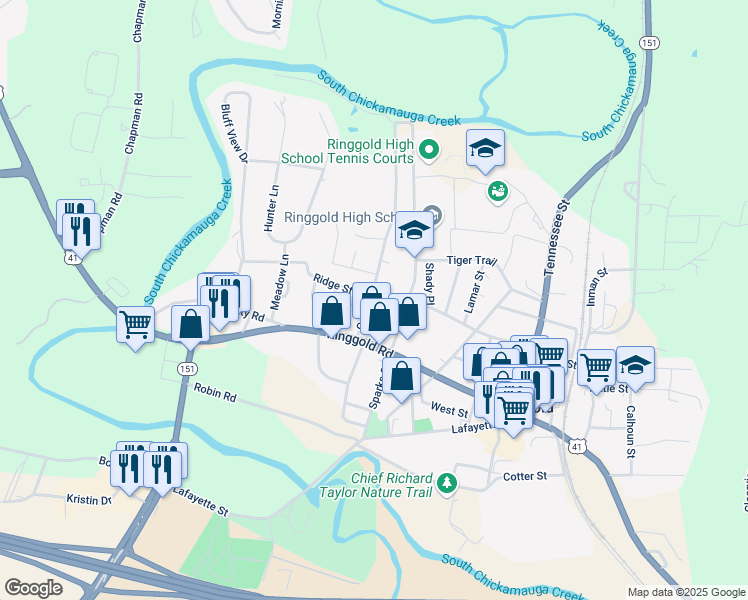 map of restaurants, bars, coffee shops, grocery stores, and more near 384 Guyler Street in Ringgold