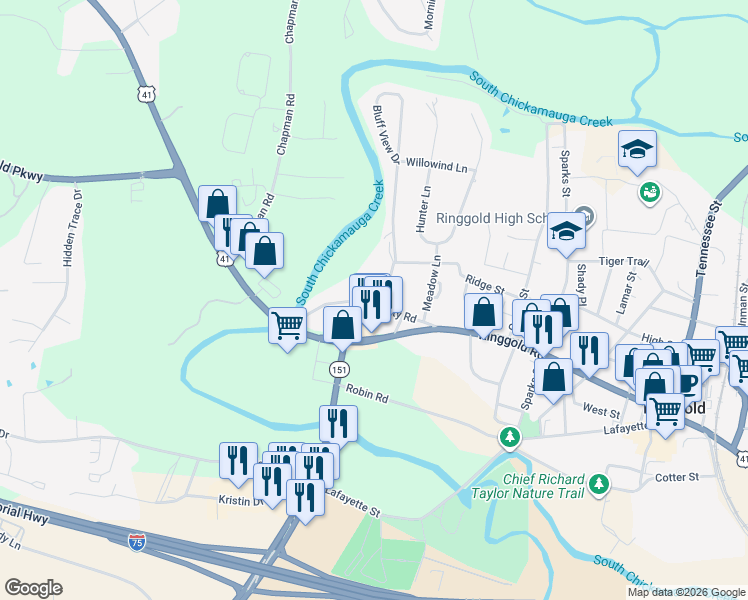 map of restaurants, bars, coffee shops, grocery stores, and more near 184 Old County Road in Ringgold