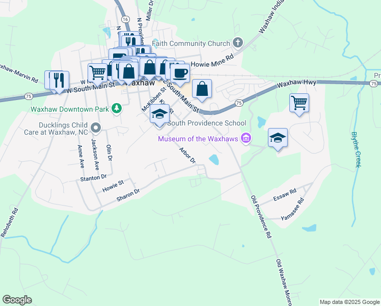 map of restaurants, bars, coffee shops, grocery stores, and more near 308 Arbor Drive in Waxhaw