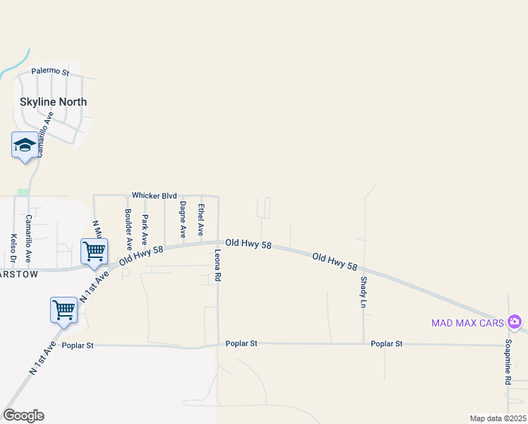 map of restaurants, bars, coffee shops, grocery stores, and more near 30224 Old Highway 58 in Barstow