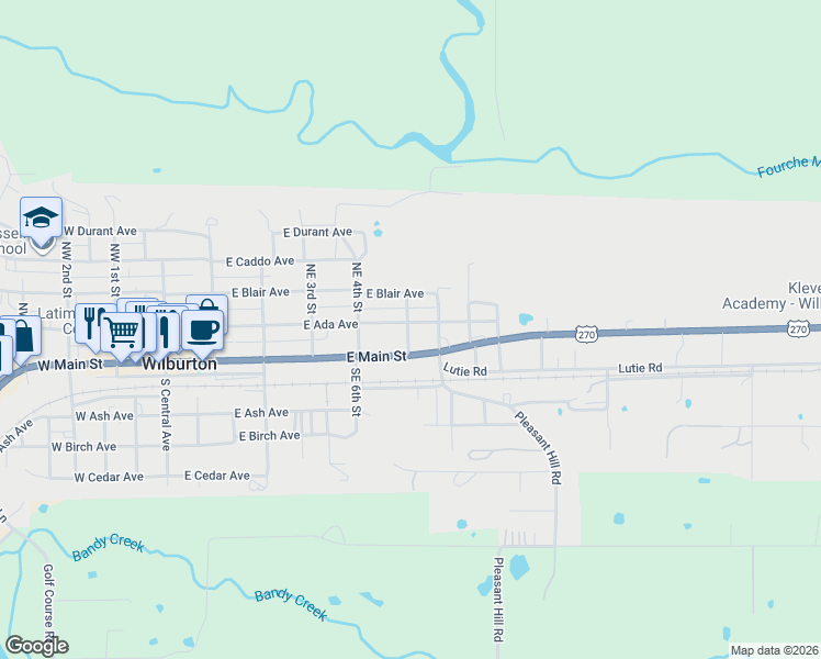 map of restaurants, bars, coffee shops, grocery stores, and more near 600 East Ada Avenue in Wilburton