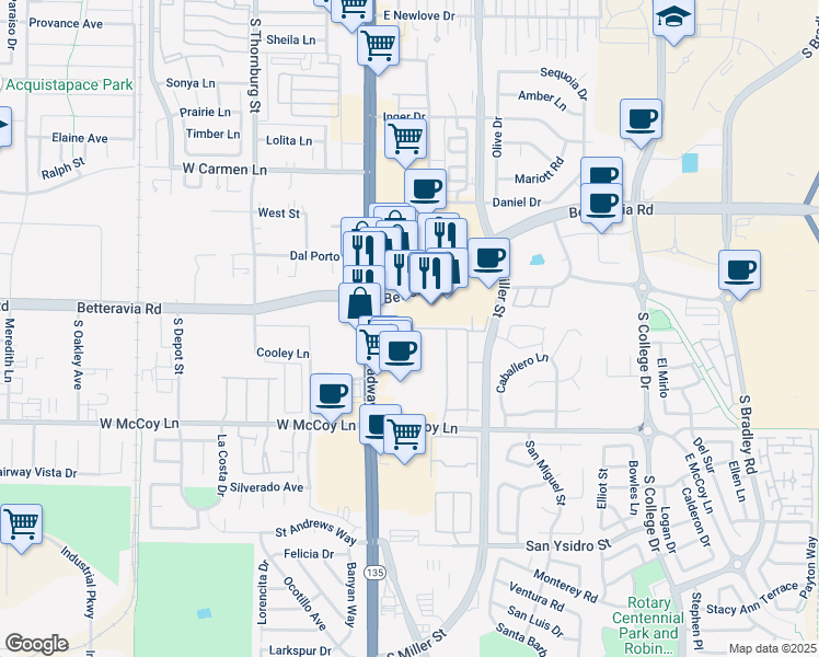 map of restaurants, bars, coffee shops, grocery stores, and more near 201 Gilea Court in Santa Maria