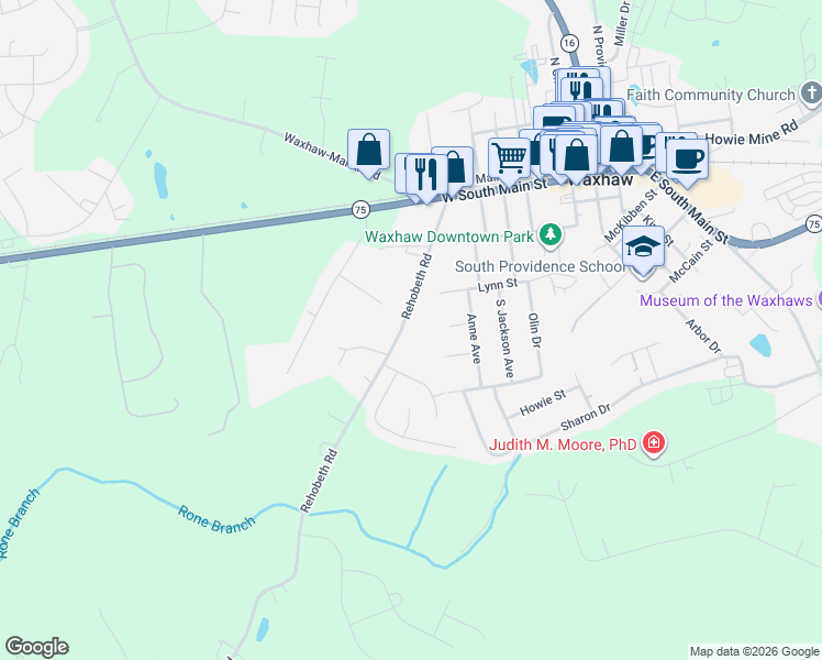 map of restaurants, bars, coffee shops, grocery stores, and more near 421 Rehobeth Road in Waxhaw