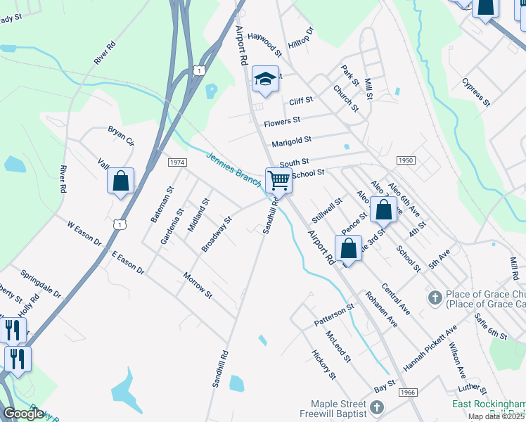 map of restaurants, bars, coffee shops, grocery stores, and more near 123 Broadway Street in Rockingham