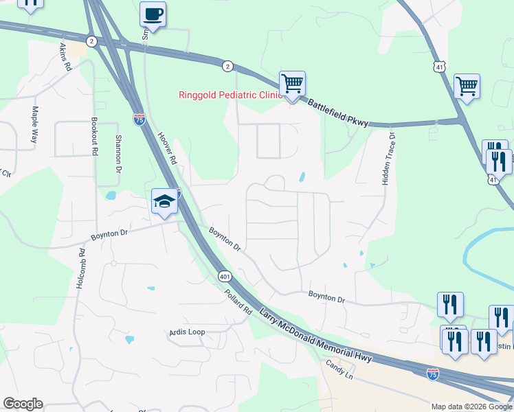 map of restaurants, bars, coffee shops, grocery stores, and more near 30 Bur Oak Drive in Ringgold