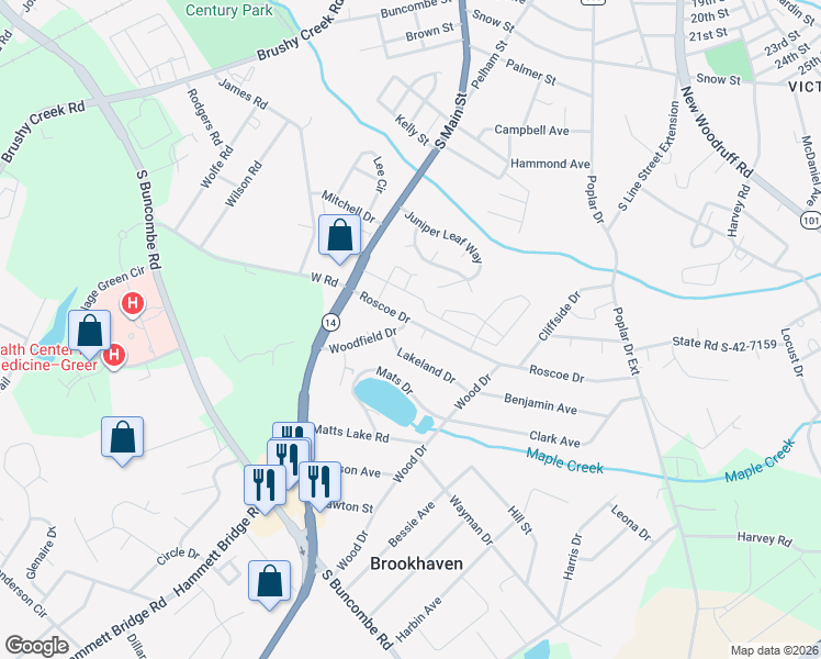 map of restaurants, bars, coffee shops, grocery stores, and more near 200 Roscoe Drive in Greer