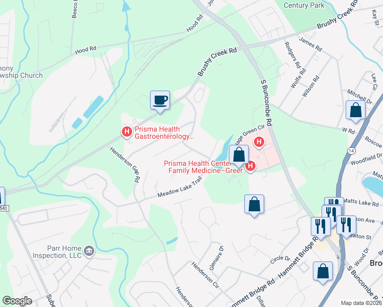 map of restaurants, bars, coffee shops, grocery stores, and more near 1 Meadow Mist Trail in Greer