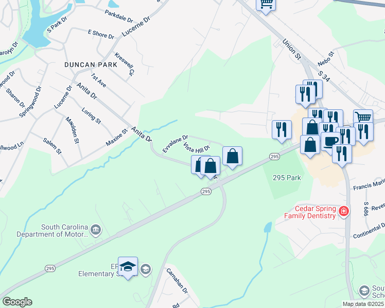 map of restaurants, bars, coffee shops, grocery stores, and more near 110 Vista Hill Drive in Spartanburg