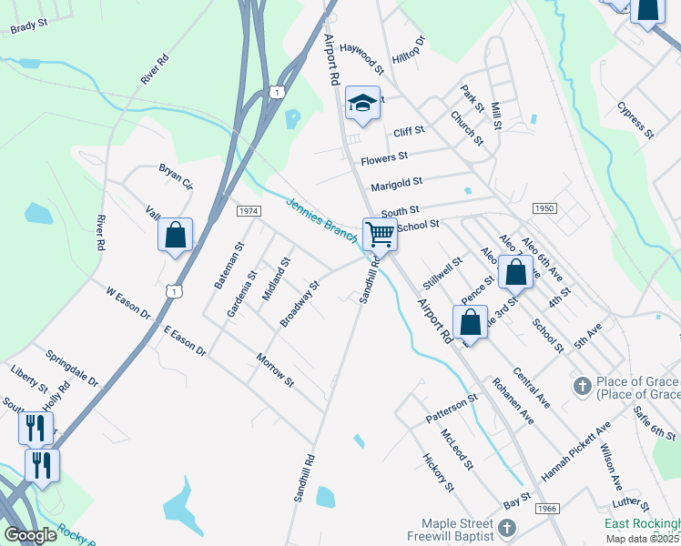 map of restaurants, bars, coffee shops, grocery stores, and more near 123 Broadway Street in Rockingham
