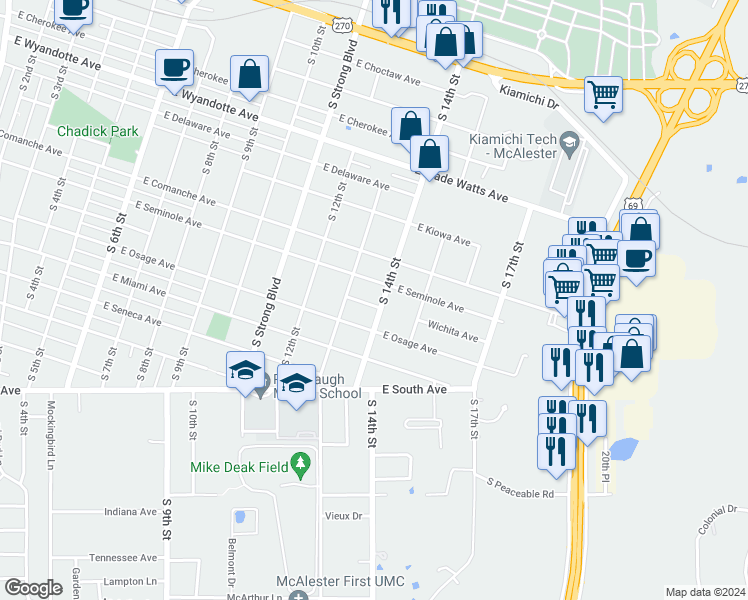 map of restaurants, bars, coffee shops, grocery stores, and more near 1311 Wichita Avenue in McAlester