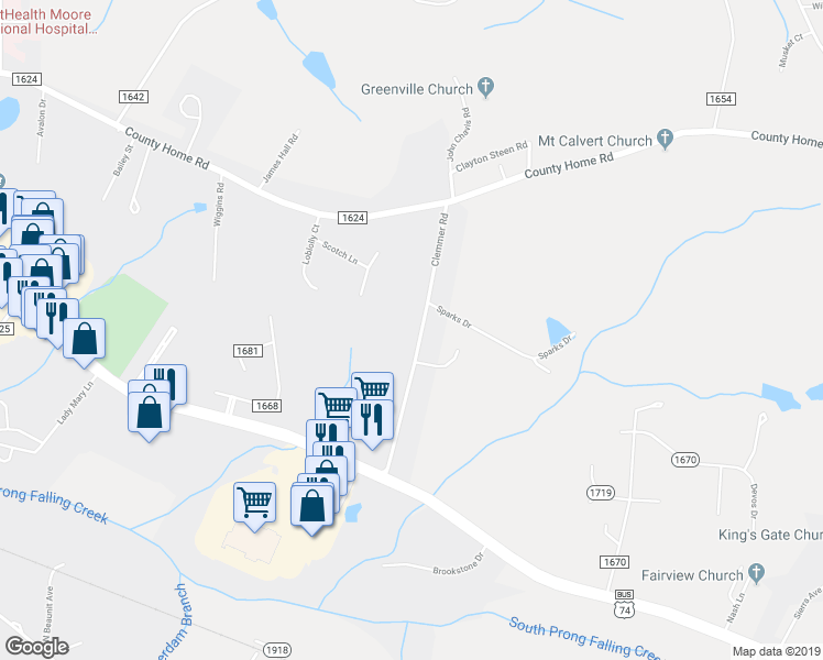 map of restaurants, bars, coffee shops, grocery stores, and more near 160 Clemmer Road in Rockingham