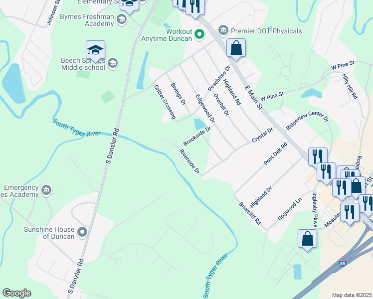map of restaurants, bars, coffee shops, grocery stores, and more near 203 Brookside Drive in Duncan