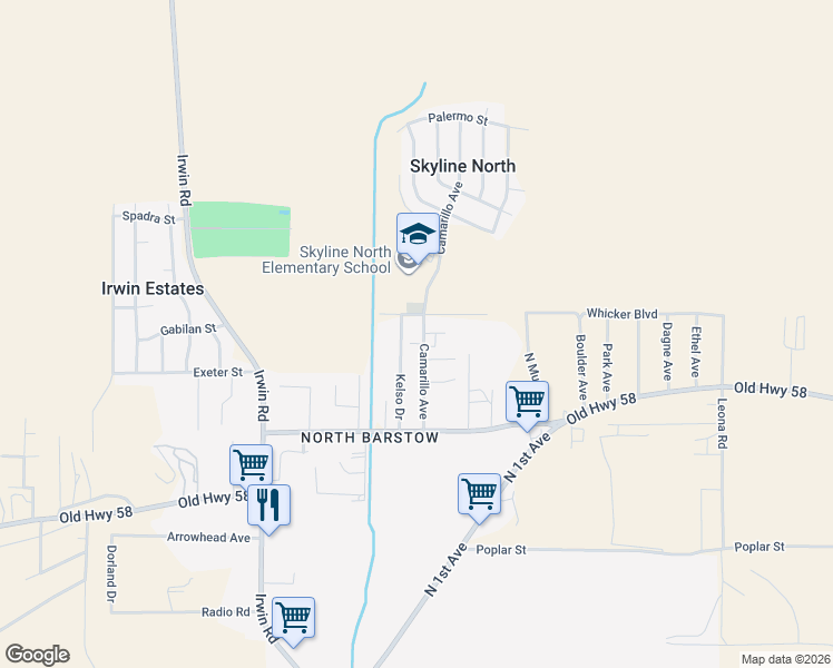 map of restaurants, bars, coffee shops, grocery stores, and more near 36870 Camarillo Avenue in Barstow