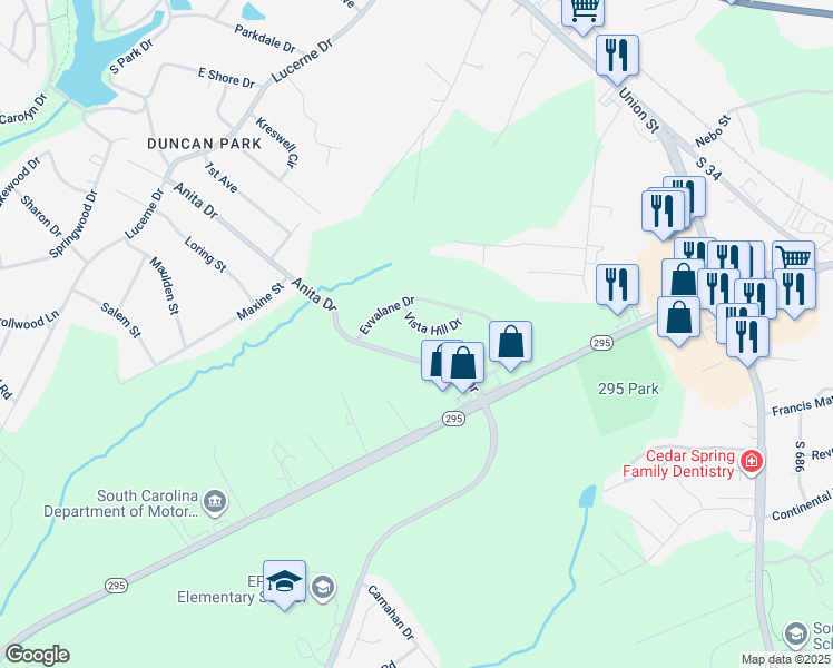 map of restaurants, bars, coffee shops, grocery stores, and more near 110 Vista Hill Drive in Spartanburg