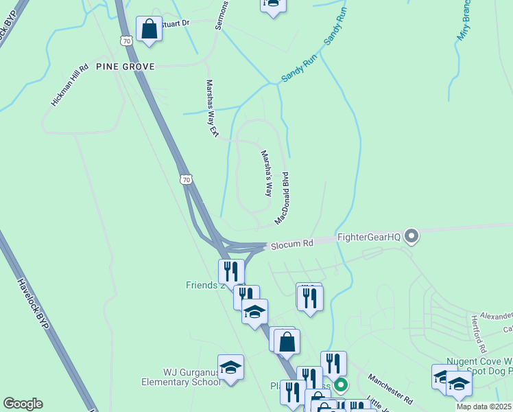 map of restaurants, bars, coffee shops, grocery stores, and more near 401 Marshas Way in Havelock