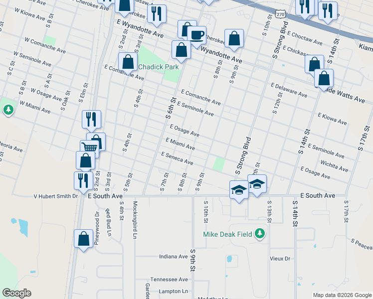 map of restaurants, bars, coffee shops, grocery stores, and more near 728 East Miami Avenue in McAlester