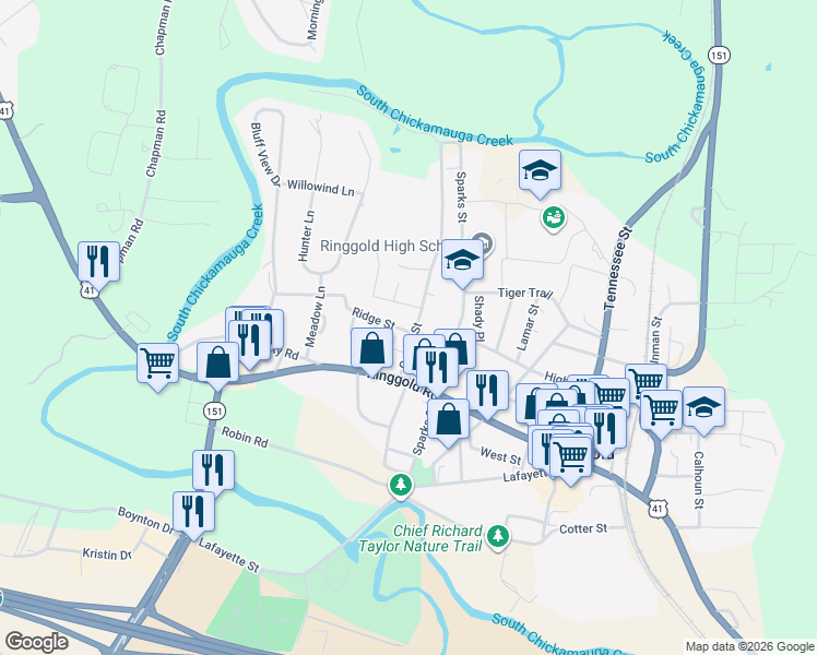 map of restaurants, bars, coffee shops, grocery stores, and more near 20 Ridge Street in Ringgold