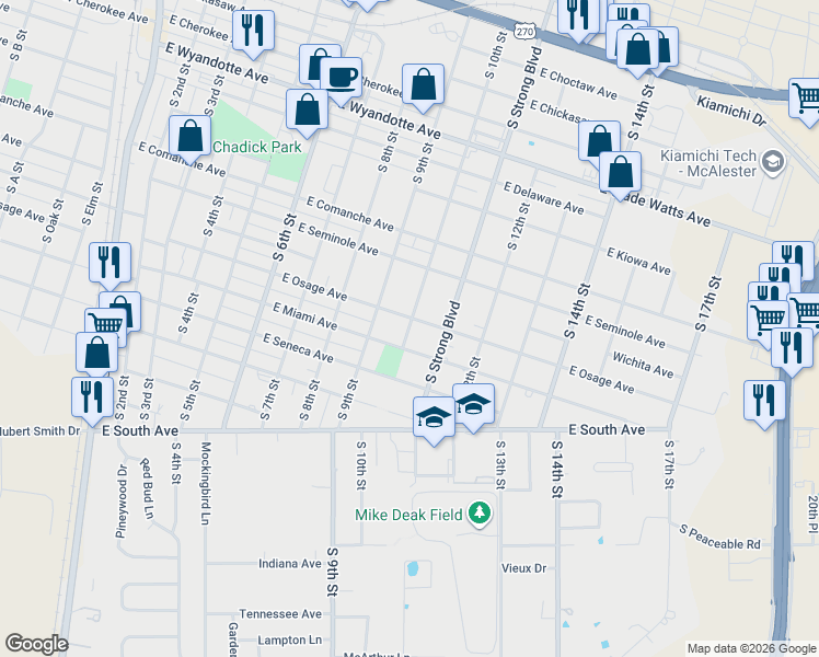 map of restaurants, bars, coffee shops, grocery stores, and more near 1002 East Osage Avenue in McAlester
