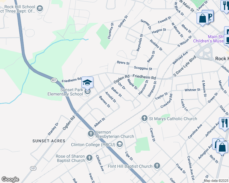 map of restaurants, bars, coffee shops, grocery stores, and more near 367 Baker Street in Rock Hill