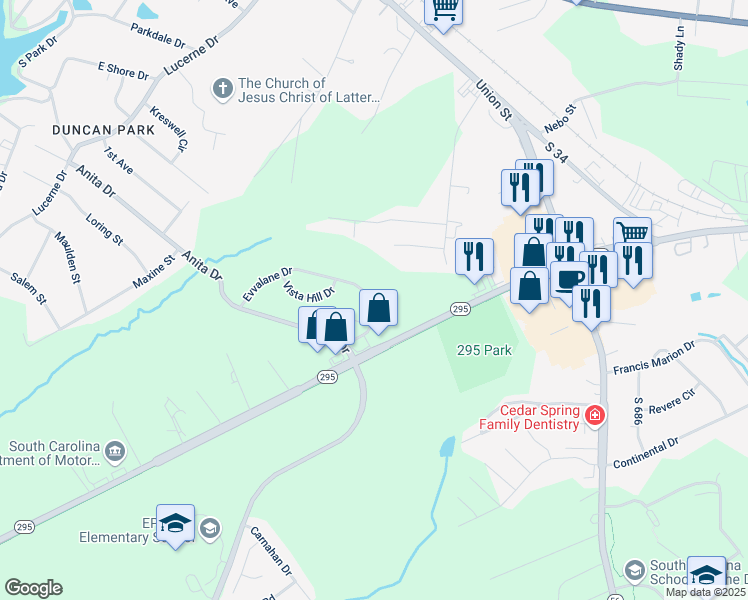 map of restaurants, bars, coffee shops, grocery stores, and more near 161 Evvalane Drive in Spartanburg