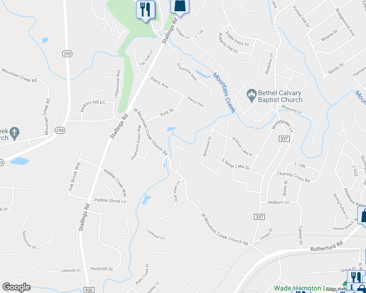 map of restaurants, bars, coffee shops, grocery stores, and more near 20 Creekside Way in Greenville