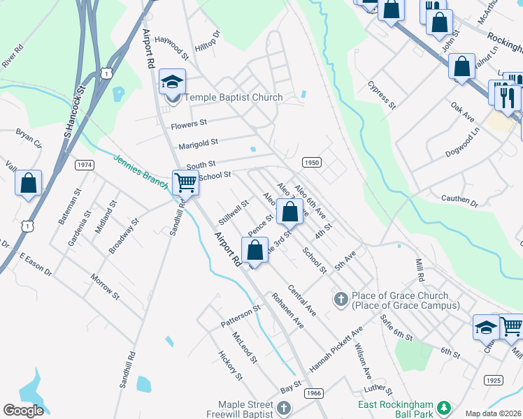 map of restaurants, bars, coffee shops, grocery stores, and more near 168 North School Street in Rockingham