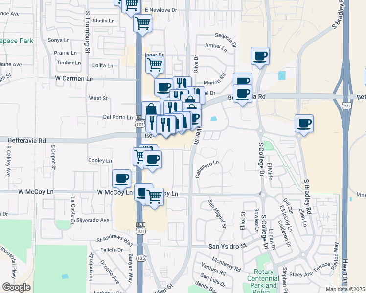 map of restaurants, bars, coffee shops, grocery stores, and more near 321 Gilea Court in Santa Maria