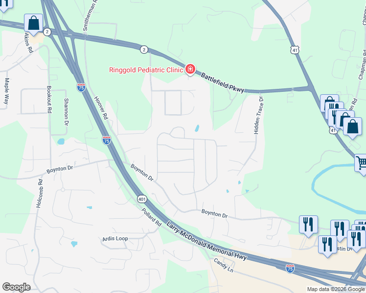 map of restaurants, bars, coffee shops, grocery stores, and more near 115 Bur Oak Drive in Ringgold