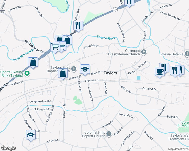 map of restaurants, bars, coffee shops, grocery stores, and more near 12 East Main Street in Taylors
