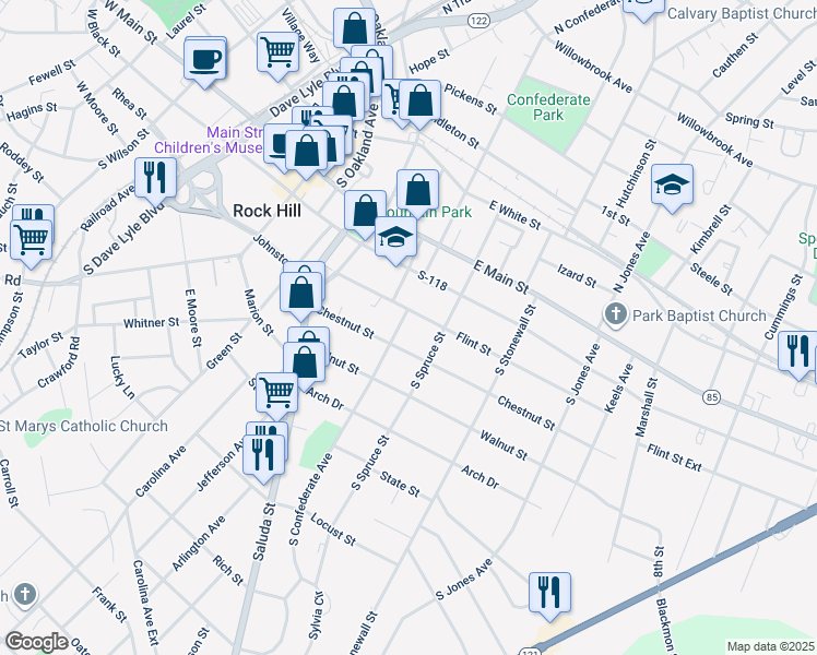 map of restaurants, bars, coffee shops, grocery stores, and more near 313 South Confederate Avenue in Rock Hill