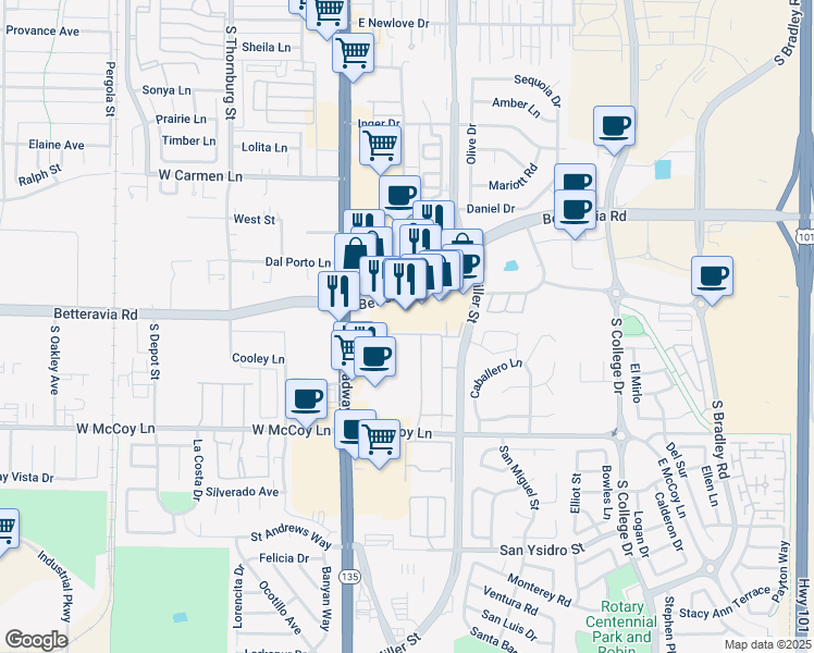 map of restaurants, bars, coffee shops, grocery stores, and more near 229 Gilea Court in Santa Maria