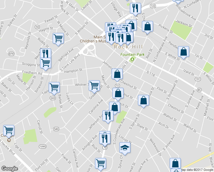 map of restaurants, bars, coffee shops, grocery stores, and more near 312 Marion Street in Rock Hill