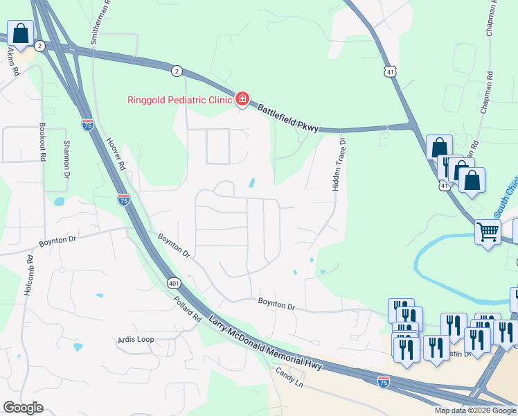 map of restaurants, bars, coffee shops, grocery stores, and more near 201 Angel Oak Way in Ringgold