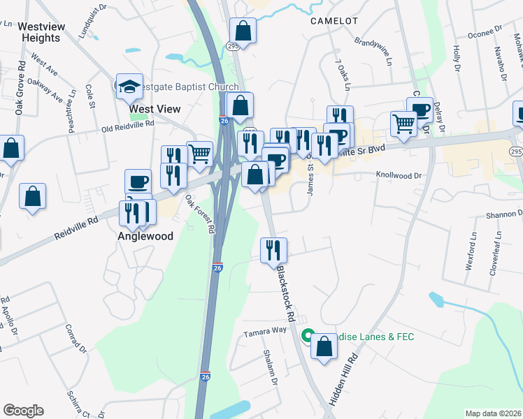 map of restaurants, bars, coffee shops, grocery stores, and more near 304 East Blackstock Road in Spartanburg
