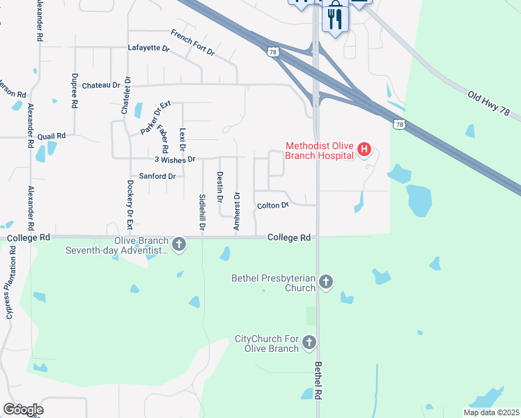 map of restaurants, bars, coffee shops, grocery stores, and more near 10815 Colton Drive in Olive Branch