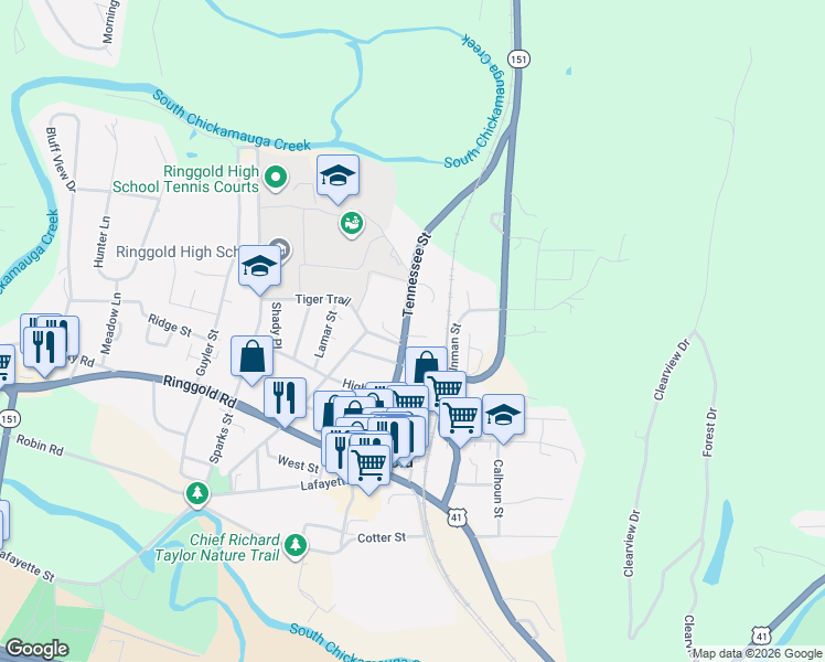 map of restaurants, bars, coffee shops, grocery stores, and more near in Ringgold