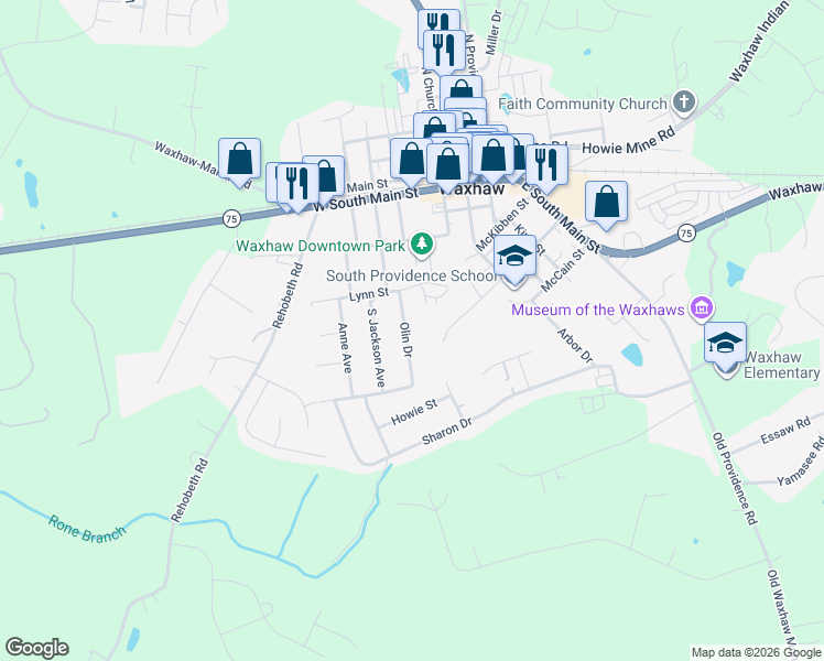 map of restaurants, bars, coffee shops, grocery stores, and more near 509 Olin Drive in Waxhaw